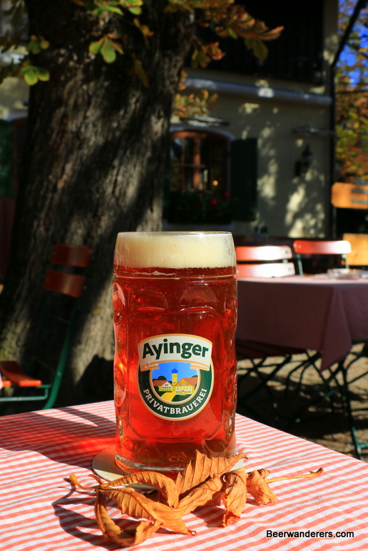 amber beer in mug with leaves