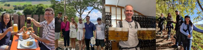 Munich beer food tours: images of hikers, people eating pretzels with beer, guide carrying many mugs of beer