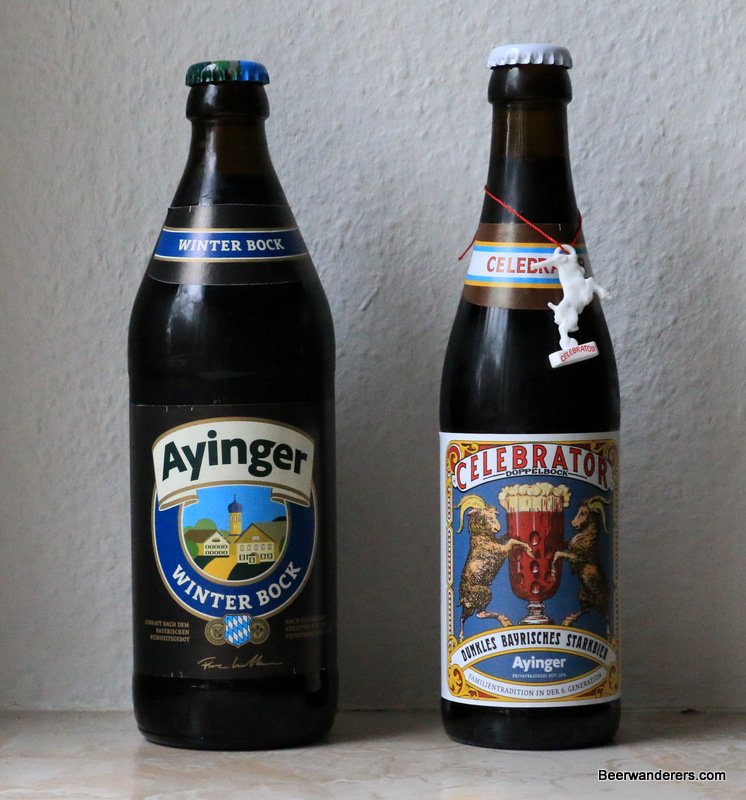 two bottles of ayinger beer