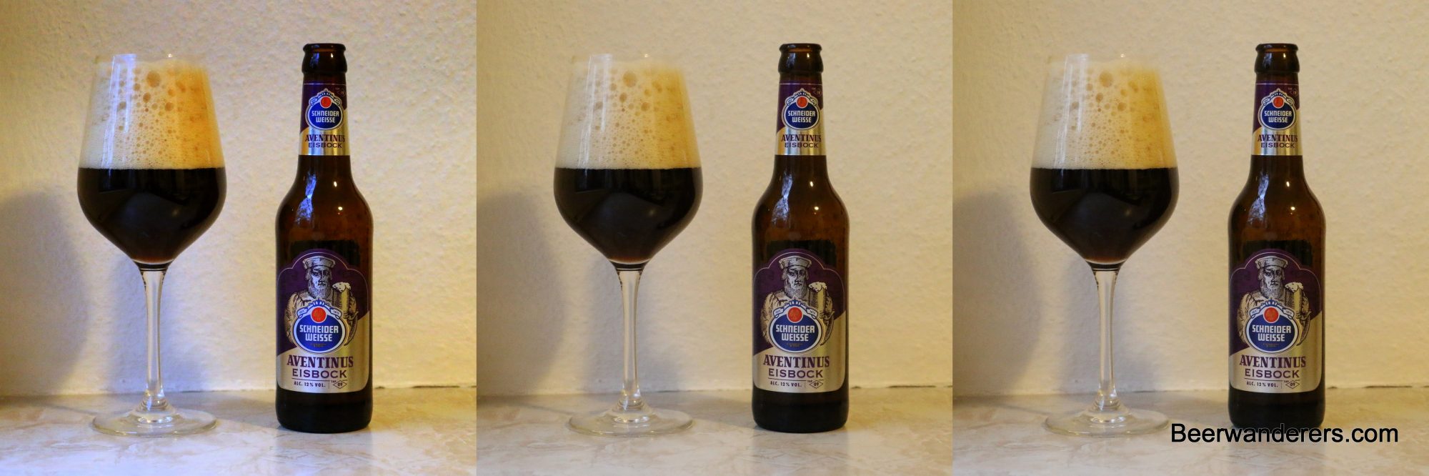 dark beer in wineglass with bottle x three