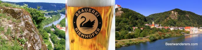 river view, beer glass logo, scenic town in hills on river