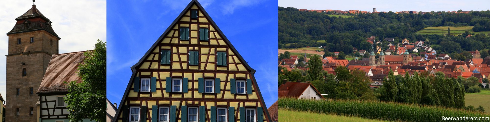 town gate, half-timbered house, view of old town from distance