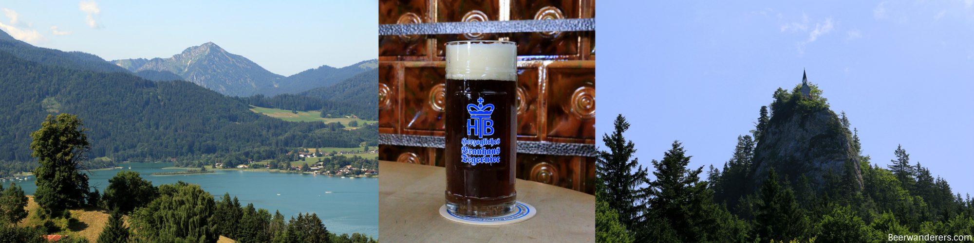 mountain lake, dark beer, peak with small chapel on top