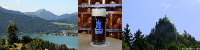 mountain lake, dark beer, peak with small chapel on top