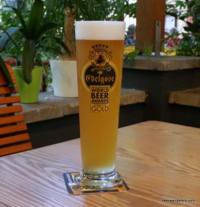 unfiltered beer in thin logo glass