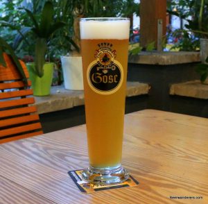 unfiltered beer in tall logo glass
