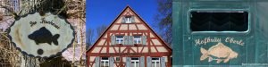 fish sign, half-timbered house, beer crate