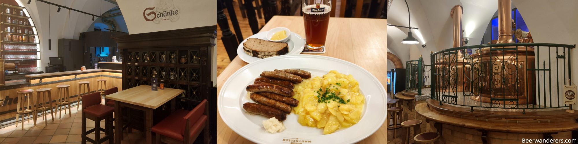 old restaurant, sausages with beer, old copper brewing kettles