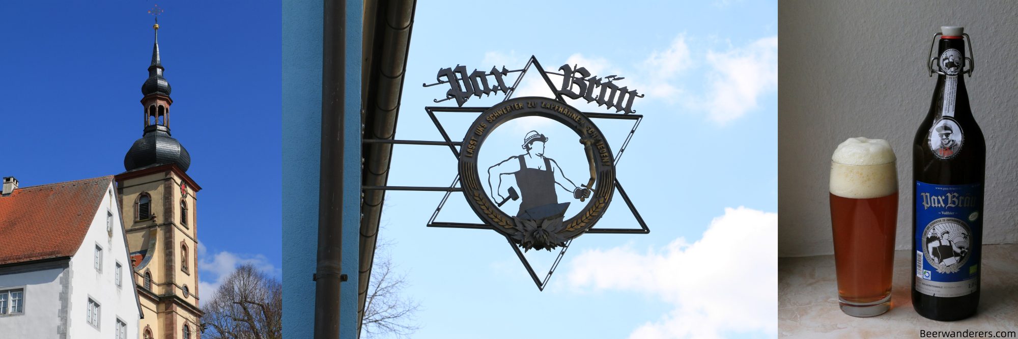 church steeple, brewery sign, beer bottle