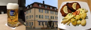 beer in logo mug, brewpub exterior, schnitzel with white asparagus