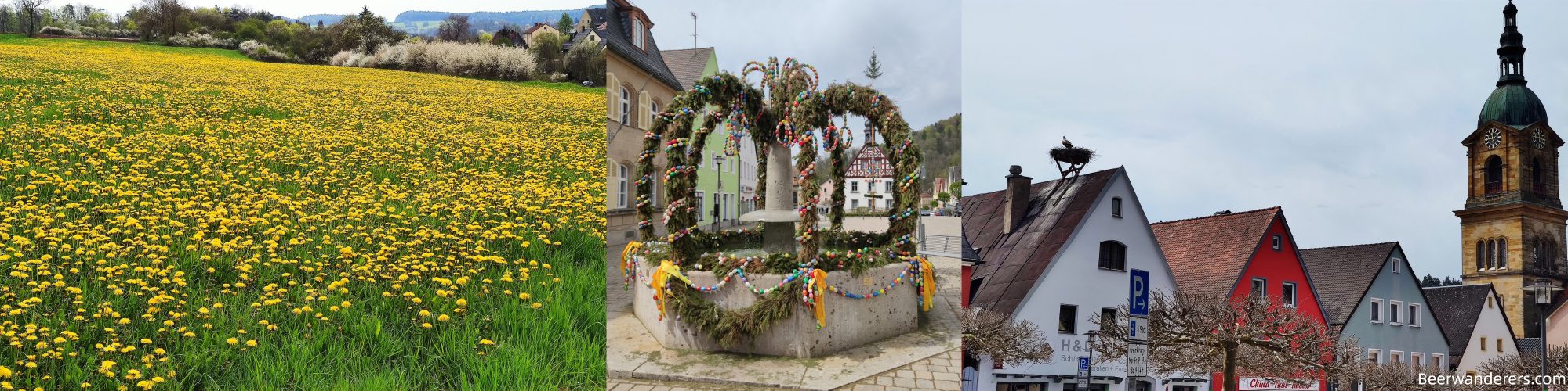 field of yellow flowers, easter decorations, stork nest on town square
