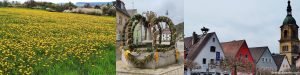 field of yellow flowers, easter decorations, stork nest on town square