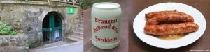 stone beer cellar, beer in ceramic mug, bratwurst