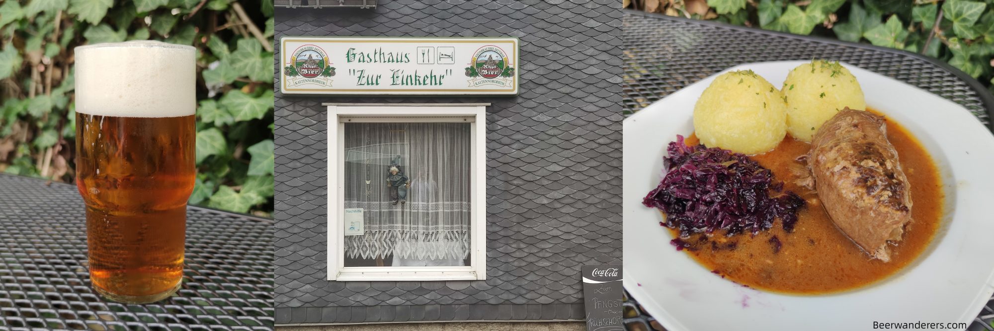 beer in glass, old german restaurant exterior, meat and dumplings in sauce