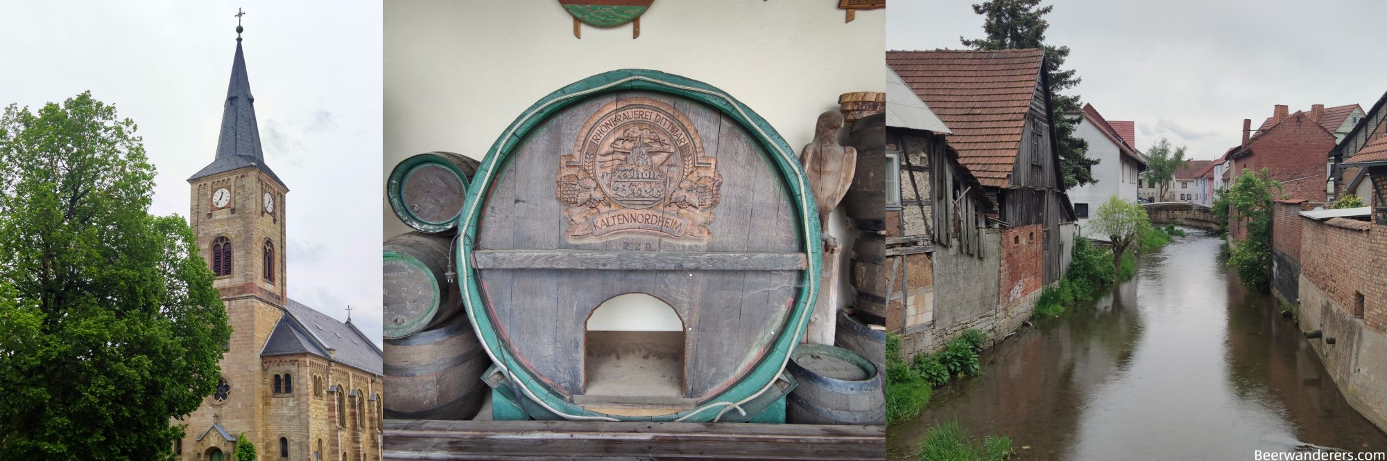 church, beer barrel, beer in logo mug with bottle