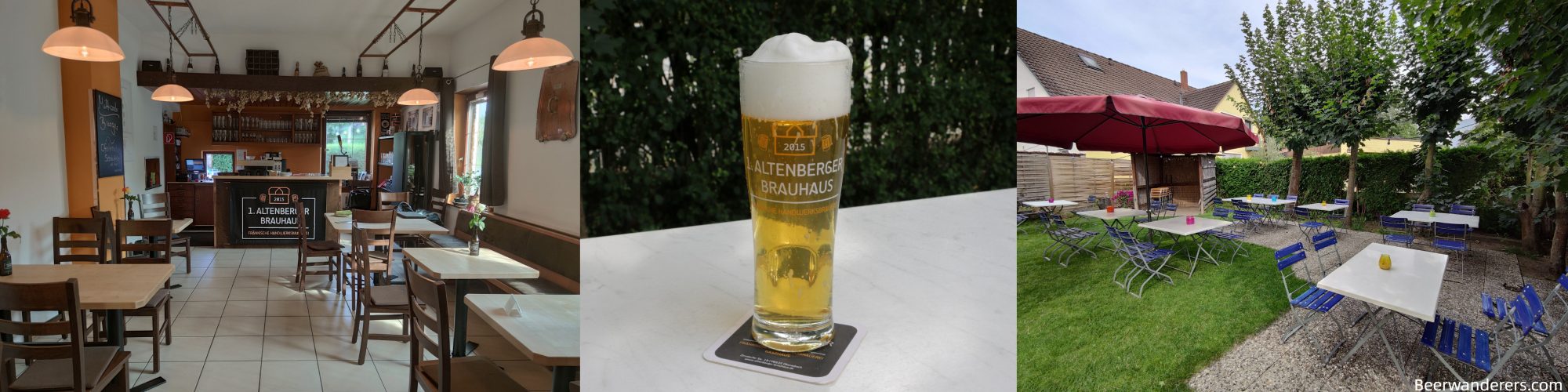 brewpub interior, golden beer in logo glass, biergarten