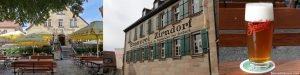 biergarten, brewery exterior, amber beer in logo glass