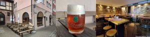 pub exterior, beer in logo glass, pub interior
