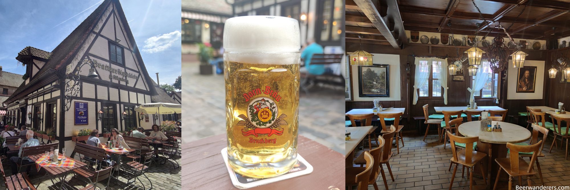 half-timbered building, golden beer in logo glass, old german restaurant interior