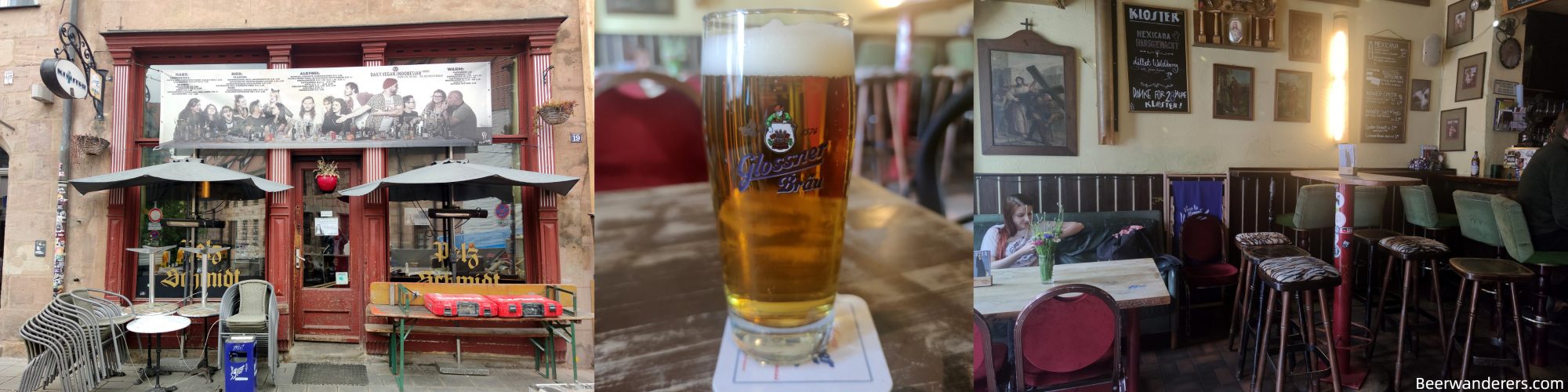 pub exterior, golden beer in logo glass, but interior