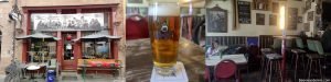 pub exterior, golden beer in logo glass, but interior