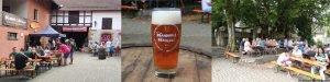 farmyard brewery, amber beer in logo glass, biergarten