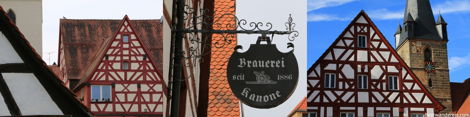 half timbered house, brewery sign, church tower