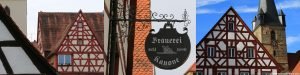 half timbered house, brewery sign, church tower