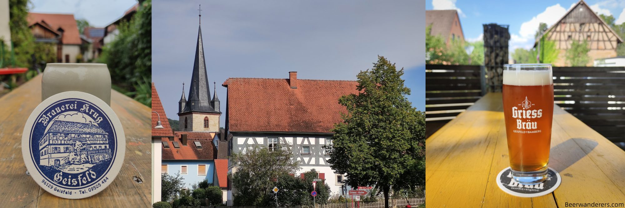 beer in ceramic krug, old village in germany, amber beer in logo glass