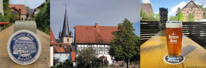 beer in ceramic krug, old village in germany, amber beer in logo glass