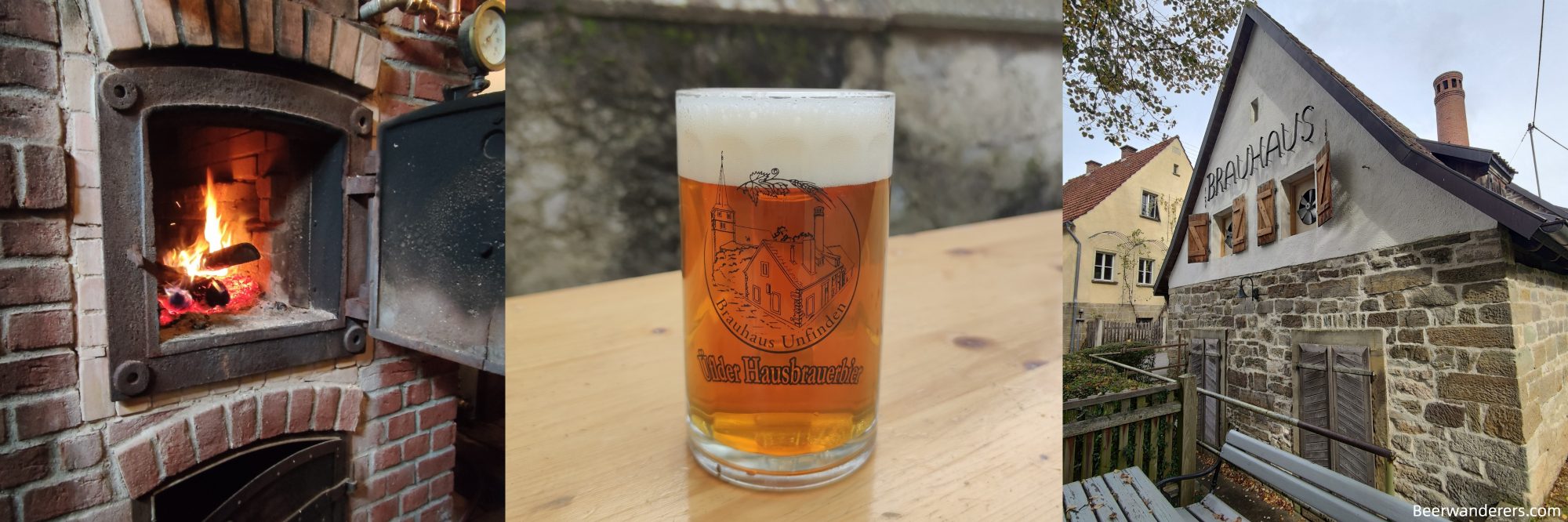 wood fire oven, amber beer in logo mug, old brewhouse
