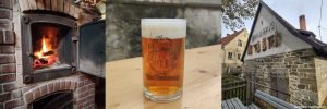 wood fire oven, amber beer in logo mug, old brewhouse