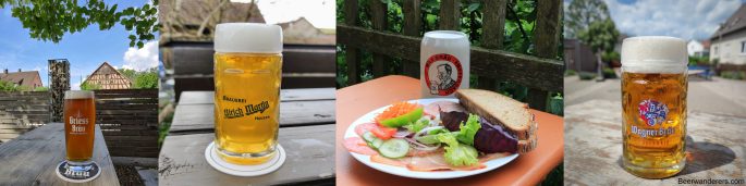 amber beer in logo glass, unfiltered golden beer in logo mug, cold cuts on plate with beer in logo ceramic mug, golden beer in logo mug