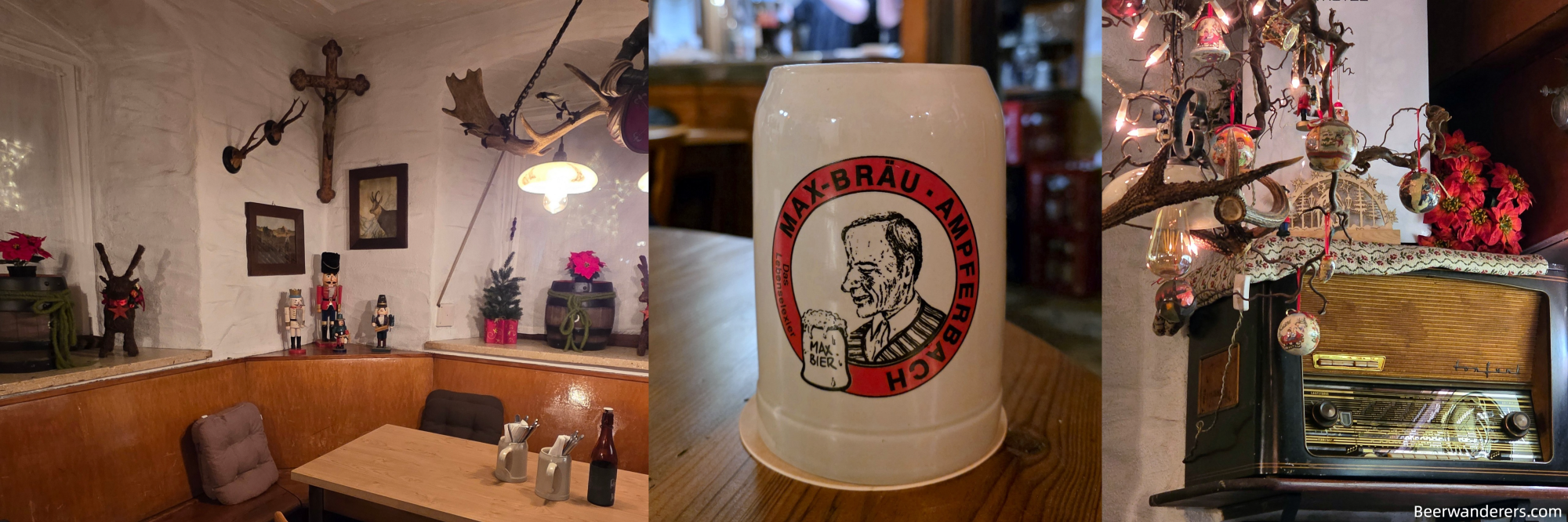 Max Bräu Gastwirtschaft: cozy pub interior, ceramic log mug, winter decorations in pub