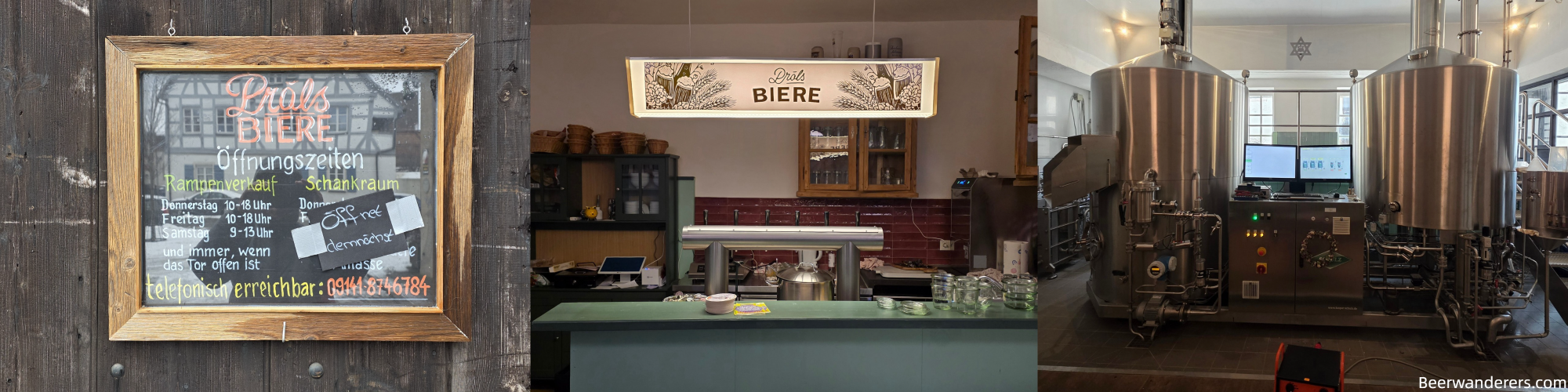Brauerei Pröls: sign, bar area, brewing equipment