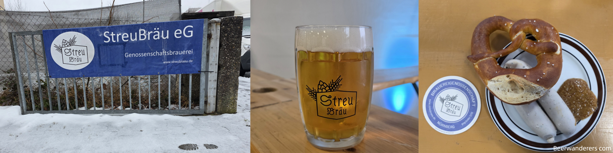 StreuBräu: sign, golden beer in Streu Bräu glass, pretzel with white sausages